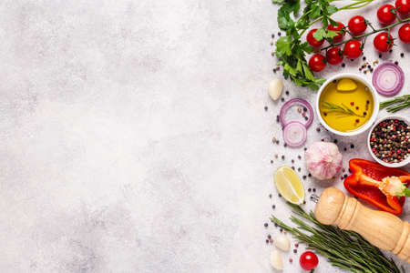 Herbs and condiments on light stone background. Top view with copy space.の写真素材
