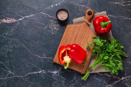 Vegetables and spices, healthy food preparation concept, top view.