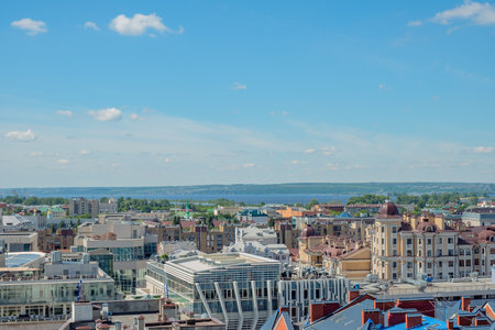 KAZAN, RUSSIA - MAY 26, 2021: Aerial view of Bauman street in Kazan, from bell tower of the Cathedral, church and Kremlin. Kazan, Tatarstan, Russiaのeditorial素材
