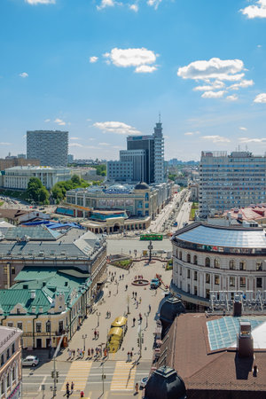 KAZAN, RUSSIA - MAY 26, 2021: Aerial view of Bauman street in Kazan, from bell tower of the Cathedral, church and Kremlin. Kazan, Tatarstan, Russiaのeditorial素材