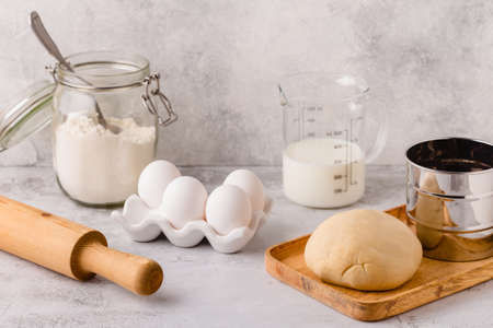 Bakery ingredients -flour, eggs, milk. Selective focus, copy space.の写真素材