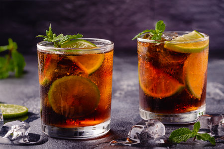 Rum and Cola cocktail Cuba Libre with lime and iceの写真素材