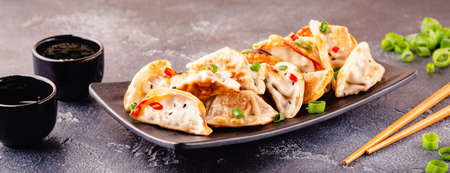 Fried dumplings served with green onions, sesame seeds and chili peppers.の写真素材