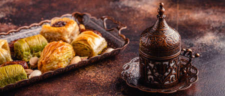 Traditional turkish, arabic sweets baklava with Turkish coffee.の写真素材