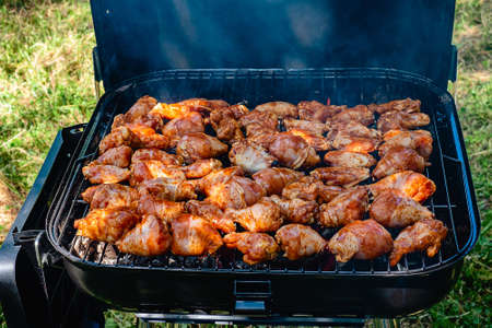 Spicy chicken legs and wings grilling on a smoking fire in a portable barbecue.の写真素材