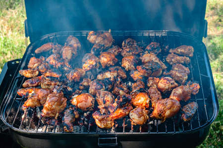 Spicy chicken legs and wings grilling on a smoking fire in a portable barbecue.の写真素材
