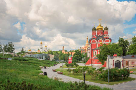 Urban landscape of Moscow, Russia. Landscaped design in Zaryadye Park near Moscow Kremlin, beautiful scenic view of Moscow city center in summer.の写真素材