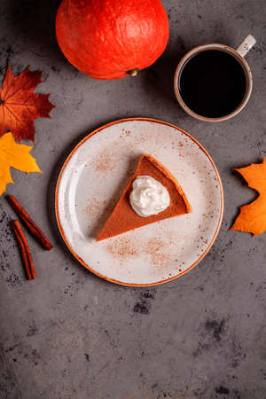 Thanksgiving Homemade Pumpkin Pie Ready to Eat. top view.の写真素材