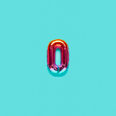 Rainbow foil balloon number, digit zero. top view. Colored numeral on blue background.