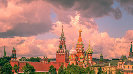 St. Basil's Cathedral and Kremlin Walls and Tower in Red square. Moscow, Russia.のeditorial素材