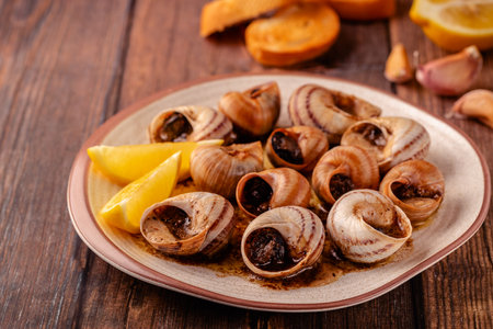 Cooked bourgogne escargot snails with butter on a plate.の写真素材
