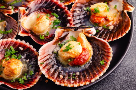 Cooked scallops with parsley on a plate