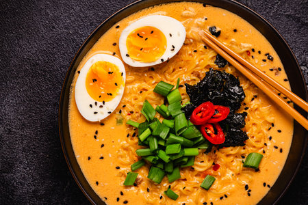 Korean style instant noodle, Shin Ramyeon with egg, top view.の写真素材