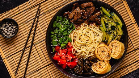 Korean Cold Noodle Soup guksu with beef, cucumber, tomato, fern, scrambled eggs, green onion.