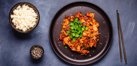 Fried kimchi with pork onions and spices. Traditional Korean food. top view.の写真素材