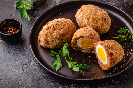 Traditional Scotch Eggs on a black plate, on a dark background.の写真素材