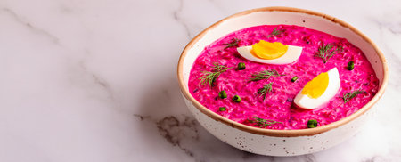 Cold summer soup of beets, yogurt, cucumbers, eggs and dill. Summer food, Eastern European cuisine.の写真素材