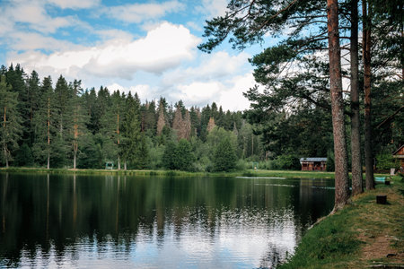 View of beautiful forest lake landscape in valdai national park, Russia.の写真素材