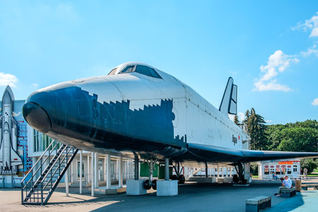 Moscow, Russia - August 10, 2023: Soviet reusable space shuttle Buran at an exhibition VDNH