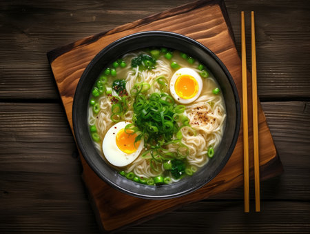 Ramen soup with egg and green onion in bowl on wooden backgroundの素材