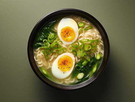 Japanese ramen noodle soup with egg and green onion on green backgroundの素材