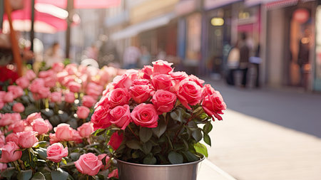 Roses in pots on the terrace of a flower shop.の素材