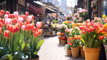 Tulips in pots on the terrace of a flower shop.の素材