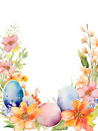 Watercolor Easter background with eggs, flowers and leaves. Illustrationの素材