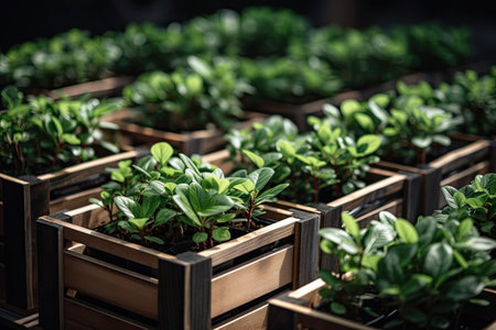 Green plants in wooden boxes. Gardening concept. Selective focus.の素材