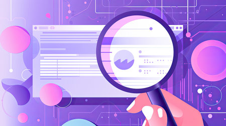 Vector illustration of hand with magnifying glass analyzing data on document.の素材