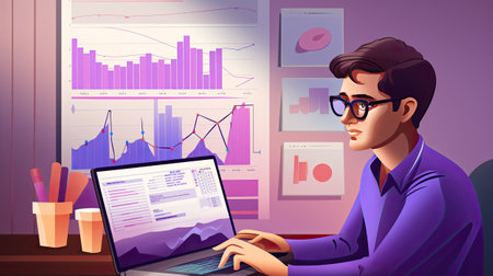 Businessman working on laptop in office. Vector illustration in cartoon styleの素材