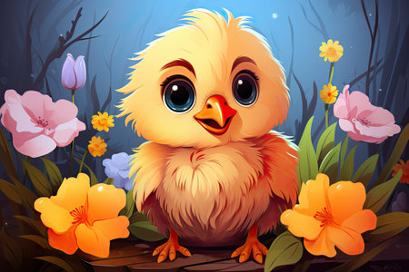 Illustration of a little chick and flowers on a dark background.の素材