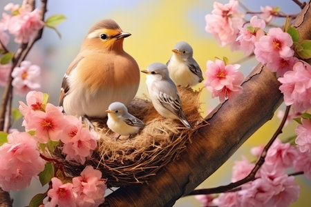 Birds in the nest on a branch of blooming sakuraの素材