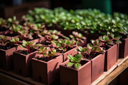 Green plants in wooden boxes. Gardening concept. Selective focus.の素材