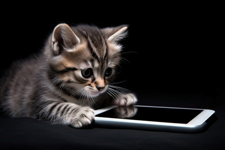 Cute kitten with mobile phone at night on dark background.の素材