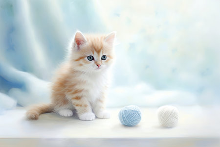 Cute little kitten and balls of yarn on color background, closeupの素材