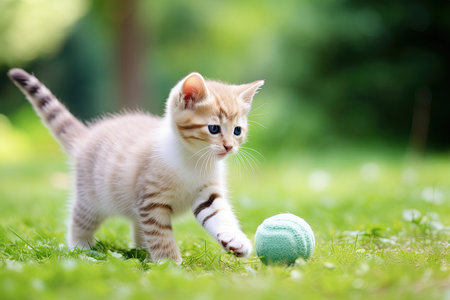 Cute little kitten playing with a ball on green grass in the gardenの素材