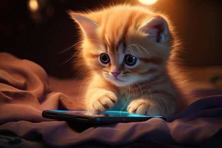 Cute kitten with mobile phone at night on dark background.の素材