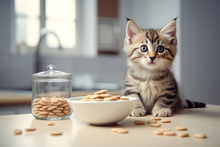 Cute kitten sitting in the kitchen, selective focus.の素材
