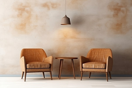 Modern living room interior with two beige armchairs.の素材