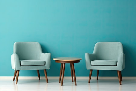 Blue armchairs in modern living room interior with blue wallの素材
