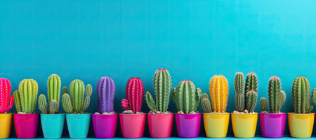 Colorful cactus in colorful pots. Minimal concept.の素材