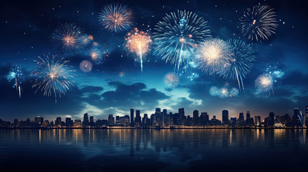 Beautiful firework show on the night sky with cityscape backgroundの素材