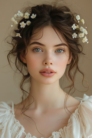 Beauty portrait of young woman with spring flowers in her hair.の素材