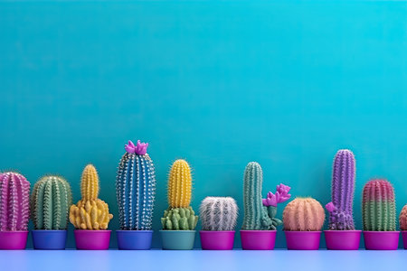 Colorful cactus in colorful pots. Minimal concept.の素材