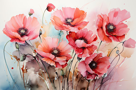 poppy flowers on a background of blue sky, watercolor paintingの素材