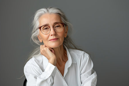 Portrait of beautiful senior woman on gray background. Space for textの素材