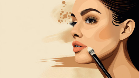 Beautiful woman applying make-up with a brush. Vector illustration.の素材