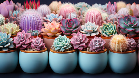Succulents in colorful pots on black background, close upの素材