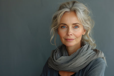 Portrait of beautiful senior woman on gray background. Space for textの素材
